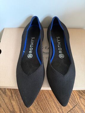 Rothy's Black Pointed Ballet Flats with Blue Trim